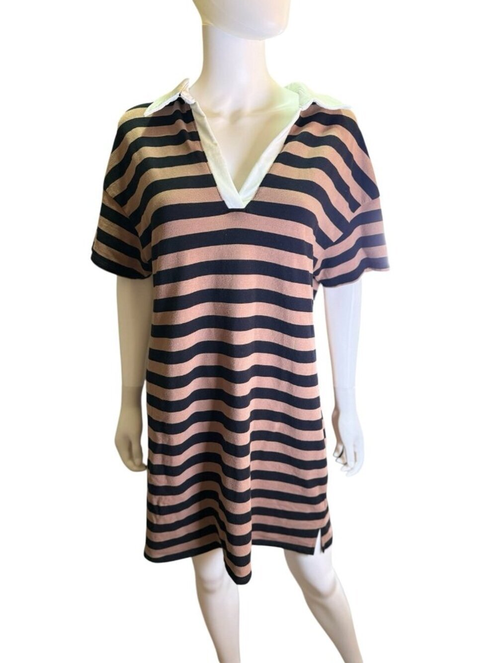 Evereve Nova Polo Striped Mini Dress Size Large EUC Tan and Black Summer Spring